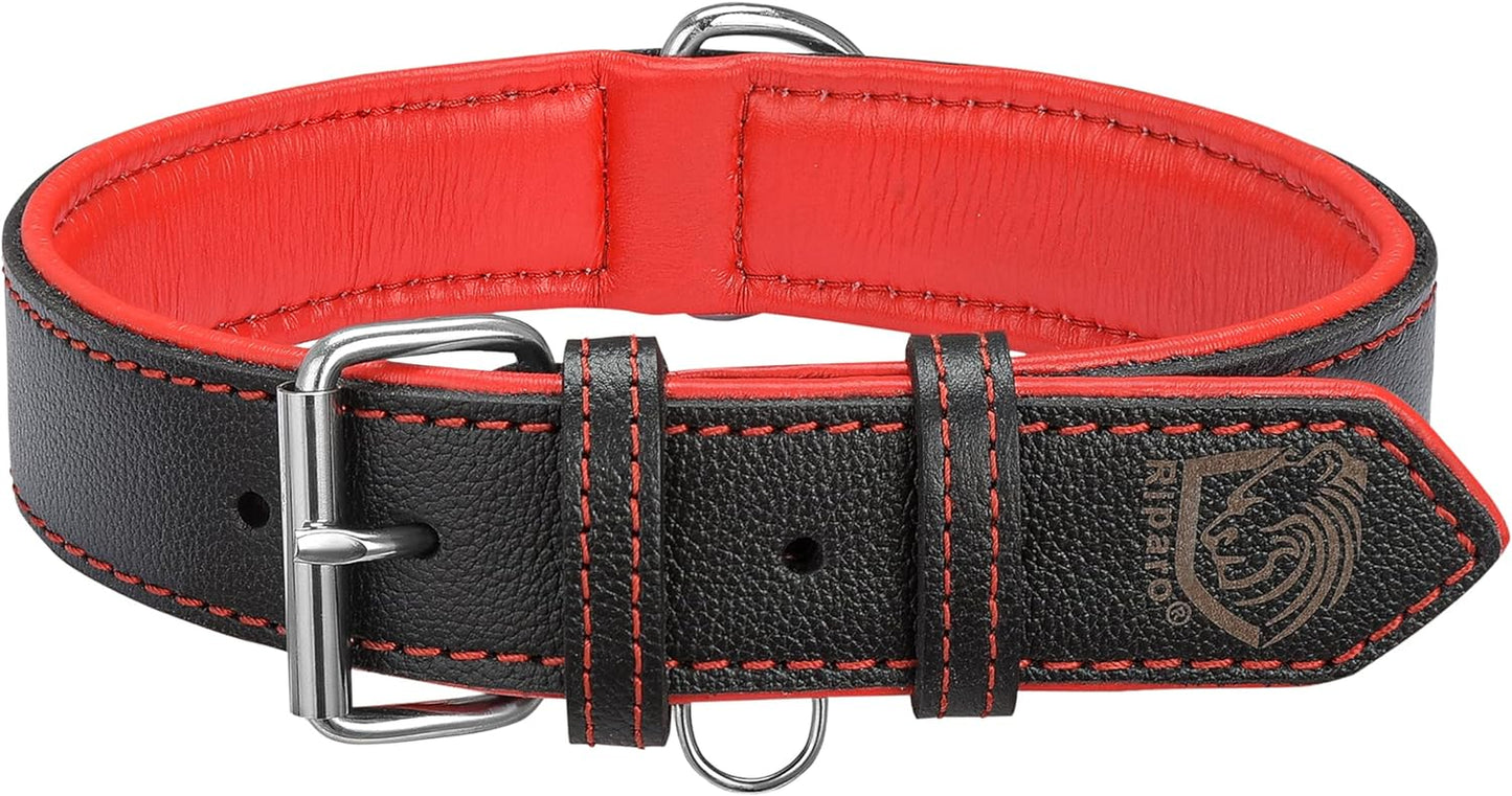 Riparo Genuine Leather Padded Dog Heavy Duty K-9 Adjustable Collar (XXL: 2” Wide for 26” - 29” Neck, Black/Red Thread)