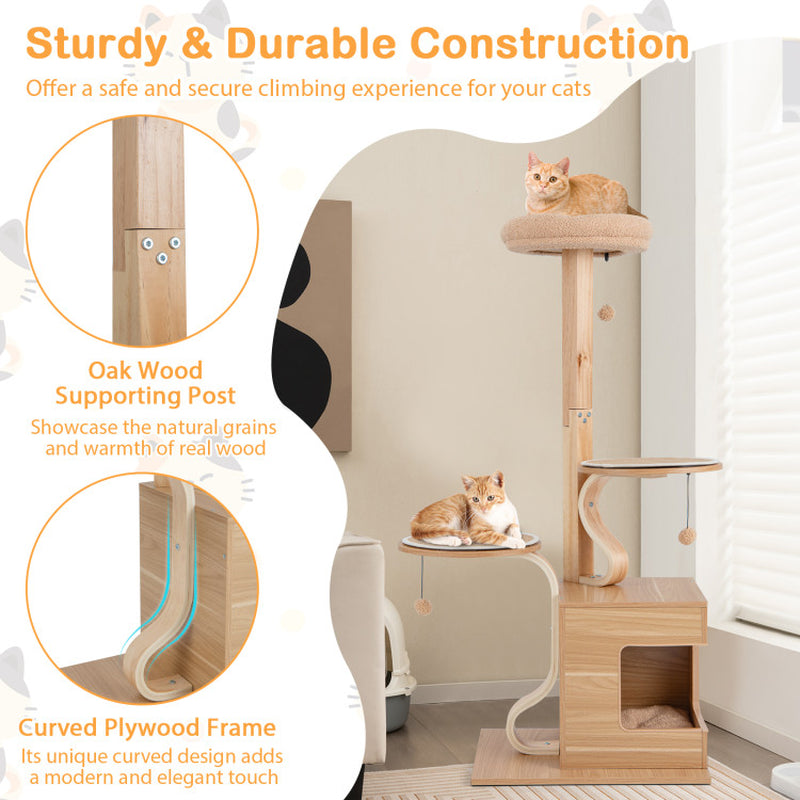 4-Layer Wooden Cat Tree 51 Inch Tall Cat Tower with Condo and Washable Cushions