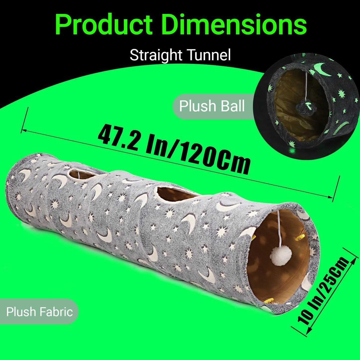 Cat Tunnel Tube with Plush Ball Toys Collapsible Self-Luminous Photoluminescence, for Small Animals Pets Bunny Rabbits, Kittens, Ferrets,Puppy and Dogs Grey Moon Star