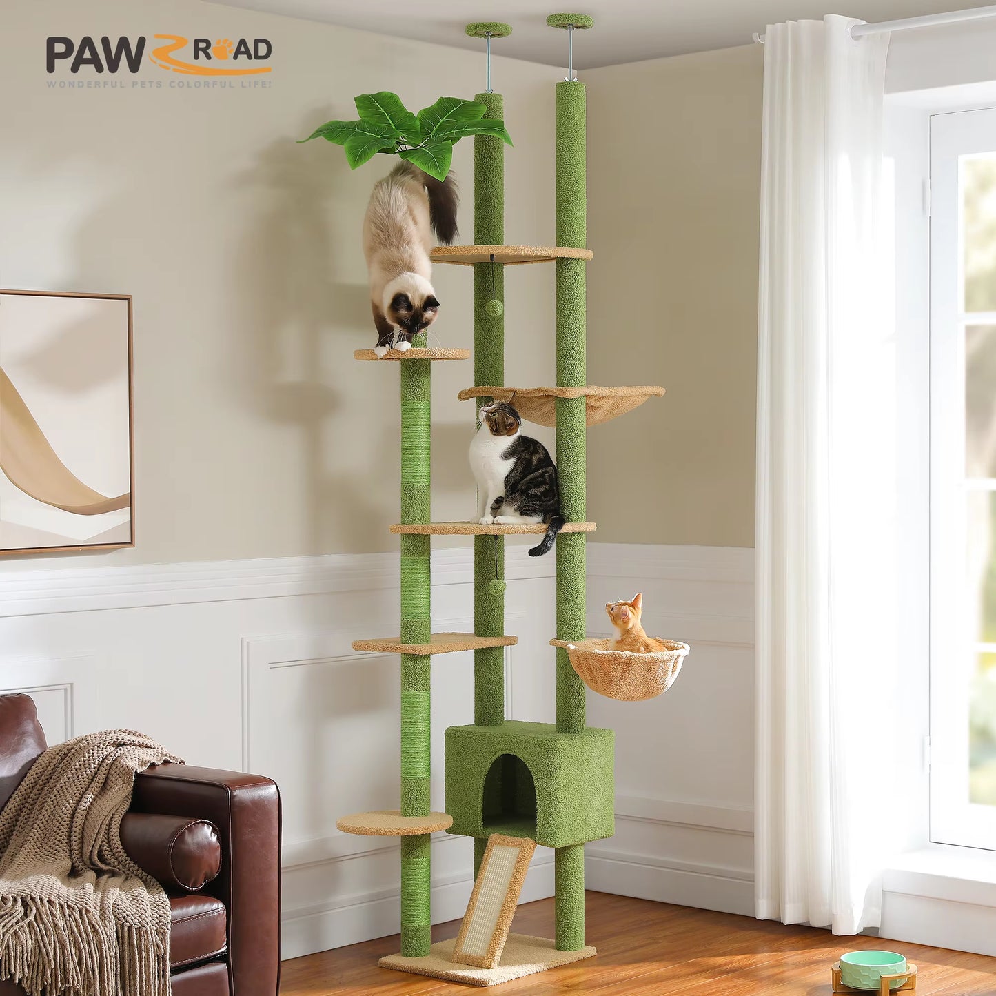 Height 230-252CM Cactus Cat Tree Floor to Ceiling with Green Leaves Tall Tower 7 Tiers Climbing Tree with Cozy Hammocks Condos