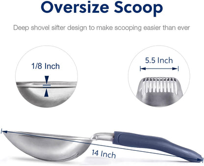 Cat Litter Scoop, Aluminum Alloy Sifter, Kitty Metal Scooper, Deep Shovel, Long Handle, Poop Sifting, Kitten Pooper Lifter, Durable, Heavy Duty, for Litter Box