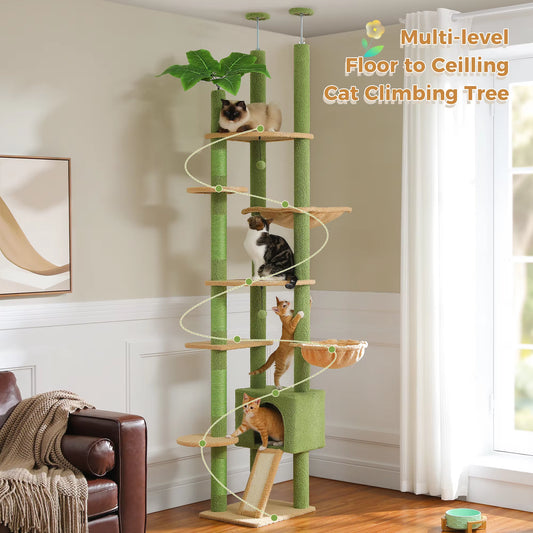 Height 230-252CM Cactus Cat Tree Floor to Ceiling with Green Leaves Tall Tower 7 Tiers Climbing Tree with Cozy Hammocks Condos