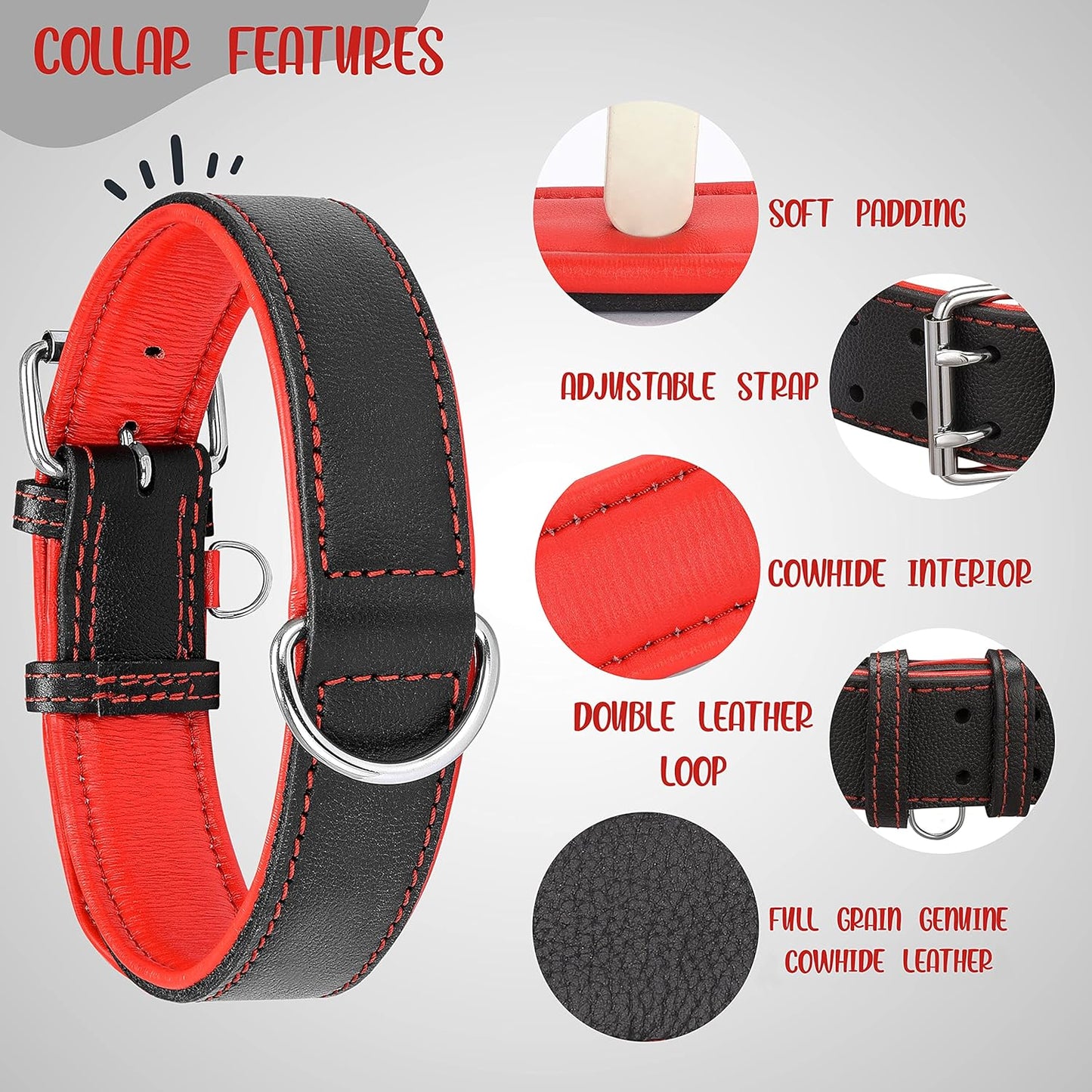 Riparo Genuine Leather Padded Dog Heavy Duty K-9 Adjustable Collar (XXL: 2” Wide for 26” - 29” Neck, Black/Red Thread)