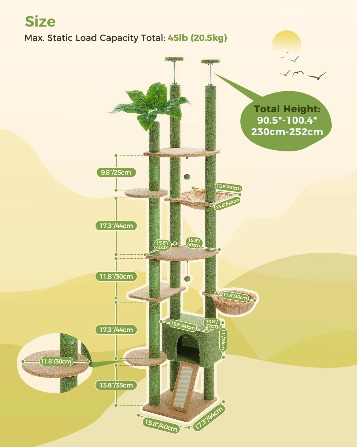 Height 230-252CM Cactus Cat Tree Floor to Ceiling with Green Leaves Tall Tower 7 Tiers Climbing Tree with Cozy Hammocks Condos