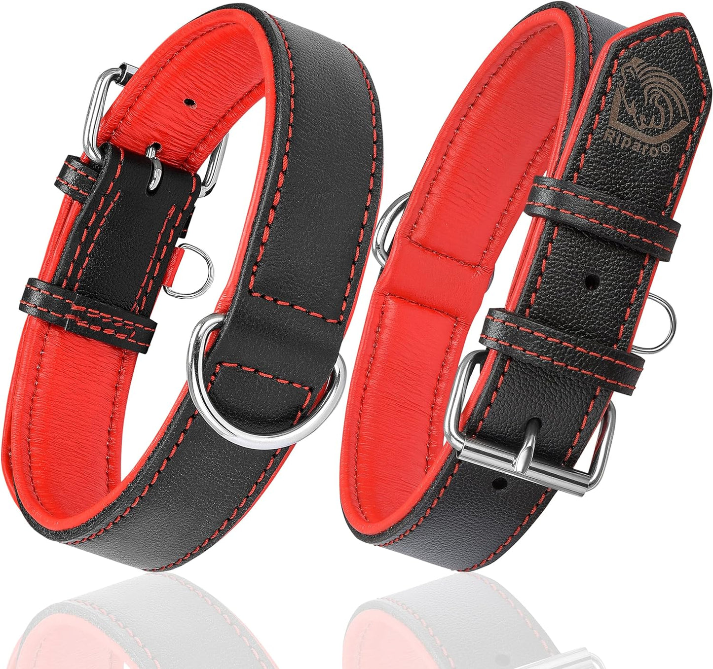 Riparo Genuine Leather Padded Dog Heavy Duty K-9 Adjustable Collar (XXL: 2” Wide for 26” - 29” Neck, Black/Red Thread)